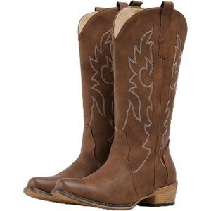 🆕Women Brown Mid Calf Fashion Cowgirl Boots with Embroidery Western Snip Toe